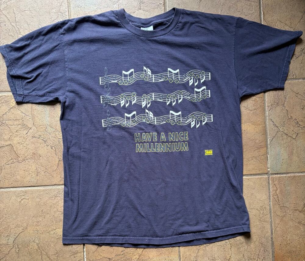 Vintage 2000 Have A Nice Millennium Music Notes Smiley Face T-Shirt XL Y2K
